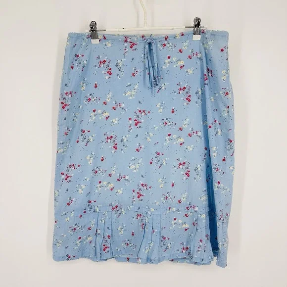 OshKosh Floral Midi Skirt Women's‎ Size 12 Blue 100% Cotton Drawstring Pleated - Picture 4 of 12